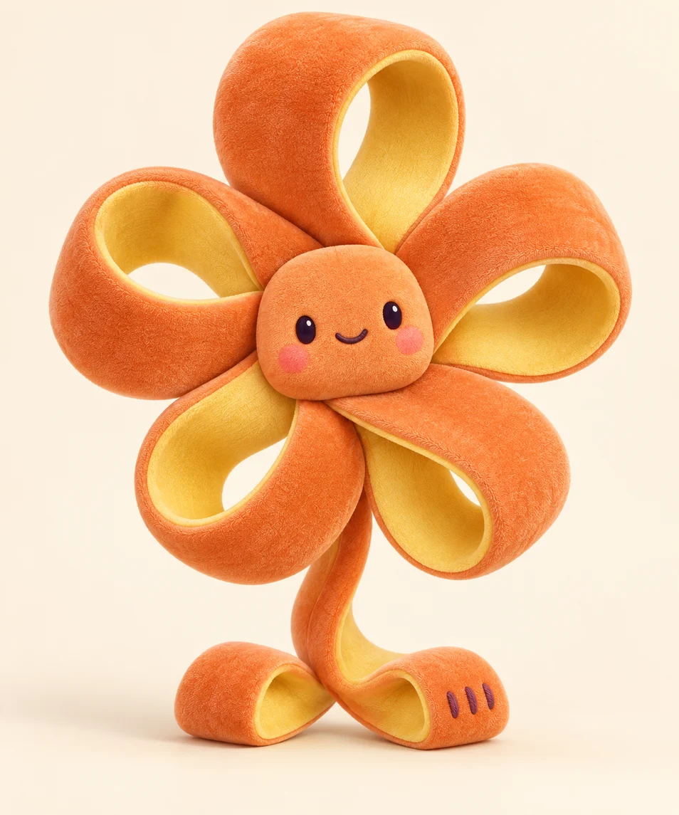 Lumoopi's ribbon unfolded into a five-petal flower with his smiling face in the center